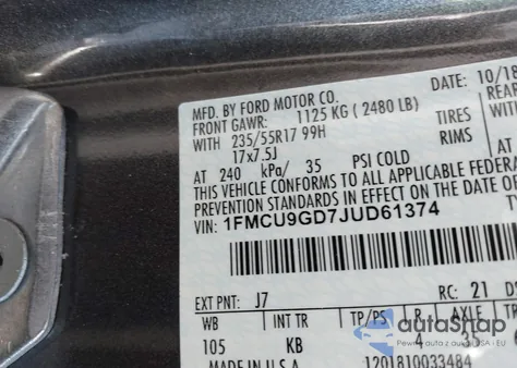 2018 Ford Escape Se from USA, damaged, VIN 1FMCU9GD7JUD61374